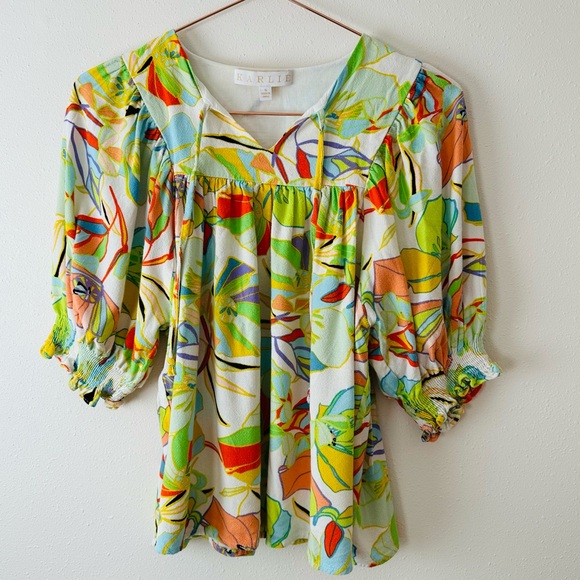 Karlie Linen Blend Puffy Sleeves Tie V Neckline Floral Print Blouse Top - Picture 5 of 7